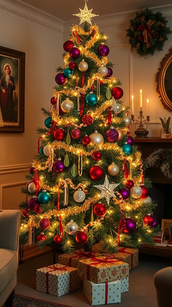 1920s Christmas Tree Decorations Guide A vintage 1920s Christmas tree decorated with glass ornaments and tinsel in a cozy living room.